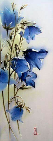 a painting of blue flowers on a white background