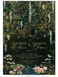 an elegant wedding card with water lilies and greenery