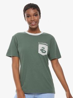 Harry Potter Slytherin Pocket Women's T-Shirt - BoxLunch Exclusive, GREEN Slytherin Shirt, Harry Potter Tee, Harry Potter Slytherin, Disney Maleficent, Disney Pixar Up, Harry Potter Hufflepuff, Feminine Blouses, Quilted Crossbody Bag, Lady And The Tramp