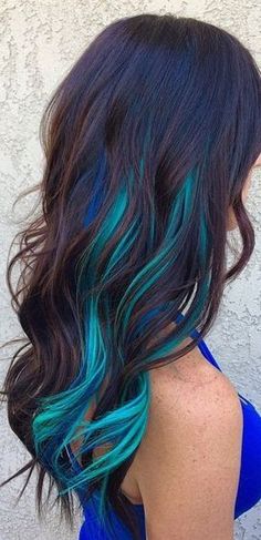 Fun Hairdos, Blue Peekaboo, Hair Dye Shades, Purple Tips, Blue Ombre Hair, Brunette Balayage, Teal Hair, Hair Color Crazy, Hair Color Pastel