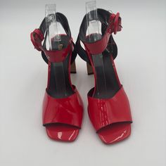 New Never Worn Express Red Heels Red Open Toe Heels With 4-inch Heel, Red Heels With Heel Strap And Round Toe, Chic Red Sandals With Contrasting Heel Counter, Chic Red Sandals With Contrasting Heel, Red High Heels With Heel Strap, Red Patent Leather Sandals For Spring, Red High Heel Patent Leather Sandals, Red Patent Leather High Heel Sandals, Red Heels With 4-inch Open Heel