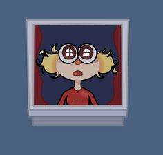 a cartoon girl looking out the window with her eyes wide open while wearing goggles