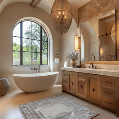 a bath room with a large window and a rug on the floor in front of it