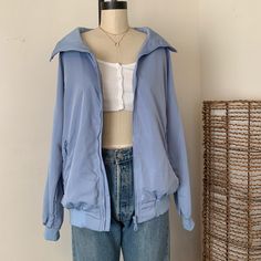 Brandy Melville Nwot Light Blue Winter Tops With Pockets, Blue Winter Tops With Pockets, Blue Cotton Long Sleeve Outerwear, Blue Outerwear For Fall, Blue Solid Color Outerwear For Fall, Blue Solid Color Fall Outerwear, Light Blue Cotton Long Sleeve Outerwear, Light Blue Cotton Outerwear With Pockets, Blue Long-sleeved Windbreaker With Pockets