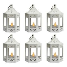 six white lanterns with candles in them on a white background, set of 6 pieces