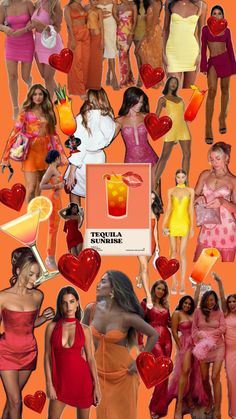 a collage of women in dresses and cocktails with hearts on the bottom, orange background