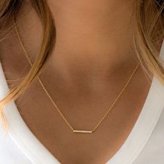 "Beautiful Pavé Bar Necklace! It's Dainty & Chic, looks great on its own or paired with other necklaces - - - D E T A I L S - - - * Made of 925 Sterling Silver * We use a THICK plating of 14k Gold or Rhodium for a piece that will be with you for years to come! * Nickel-free & Hypoallergenic * Lobster Clasp Closure * Highest Grade CZ for an Authentic Diamond Look! ❖ MEASUREMENTS ❖ * Chain Length: 16' + 3\" Extension Chain * Pendant Length: 16mm * Pendant Height: 1.5mm" Cheap Everyday Bar Necklace, Dainty Rectangular Pendant Bar Necklace For Everyday, Dainty Bar Necklace, Dainty Silver Necklace, Gemstone Bar Necklace, Horizontal Bar Necklace, Gold Bar Necklace, Shop Engagement Rings, Chain Pendant