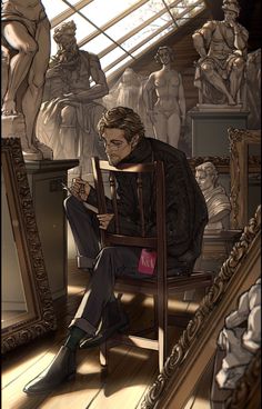 a man sitting in a chair looking at his cell phone while surrounded by statues and mirrors