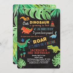 dinosaur birthday party invitation with green leaves and black background, featuring an image of dinosaurs