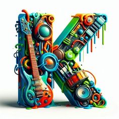 the letter k is made up of colorful musical instruments and music equipment, including an electric guitar