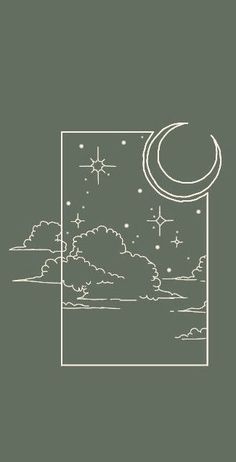 the moon, stars and clouds are in the night sky with white outline on a green background