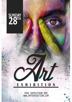 the poster for an art exhibition with a man's face painted in bright colors