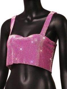 Rhinestone halter pink women party top. ONE SIZE Bust: 30-39” Length: 7.8” Fitted Pink Tank Top For Party, Glamorous Pink Tank Top For Party, Glamorous Pink Party Tank Top, Glamorous Pink Tank Top For Night Out, Pink Crop Top For Club In Summer, Pink Sleeveless Crop Top For Night Out, Pink Tops For Club And Party Season, Pink Summer Party Tank Top, Pink Summer Top For Club