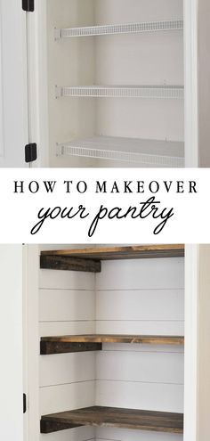 how to makeover your pantry shelving with wood shelves and white painted paint on the walls