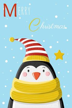 a penguin wearing a hat and scarf with the words merry christmas written on it's side