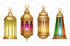 three different colored lanterns hanging from the ceiling, one with a light on top and one with