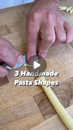 a man is using a knife to cut pizza shapes on a cutting board with the words 3 handmade pasta shapes