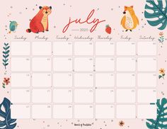 a calendar with cute animals and plants on the front, which reads july in english