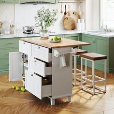 a kitchen island with two stools in front of it