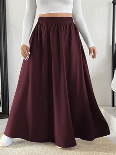 Plus Size Women's Solid Color Simple Everyday Swing Skirt Burgundy    Woven Fabric  Flared Non-Stretch  Women Plus Clothing, size features are:Bust: ,Length: ,Sleeve Length: Plus Size Red Skirt, Burgundy Weave, Knee Skirts, Red Skirt, Elegant Skirt, Elegant Dresses Long, Red Skirts, Plus Size Skirts, Dress 100