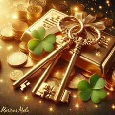 a bunch of keys sitting on top of coins and shamrocks next to each other