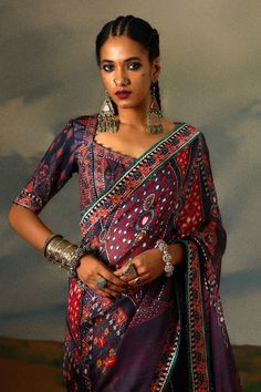 Charcoal grey and multi color saree crafted in kota silk with all over folklore bloom motif print and hand embroidered details. Paired with a matching printed elbow sleeves sweetheart neckline embellished blouse. - Aza Fashions Elegant Multicolor Choli For Navratri, Unstitched Multicolor Blouse Piece For Reception, Elegant Multicolor Blouse For Navratri, Multicolor Saree Blouse For Reception, Multicolor Blouse With Dupatta For Reception, Traditional Multicolor Blouse For Reception, Elegant Multicolor Blouse With Traditional Drape, Elegant Multicolor Traditional Drape Blouse, Elegant Multicolor Blouse Piece For Transitional Season