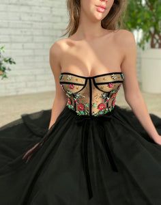 Black Corset Dress With Sheer Bodice, Black Corset Dress With Sheer Fitted Bodice, Black Evening Dress With Boned Bodice, Fitted Black Tulle Dress, Black Overbust Dress For Prom, Black Fitted Dress With Tulle Skirt, Black Sleeveless Tulle Corset Dress, Fitted Black Dress With Tulle Skirt, Black Sleeveless Evening Dress With Boned Bodice