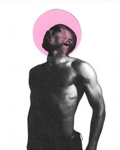 a man with no shirt on standing in front of a pink circle above his head