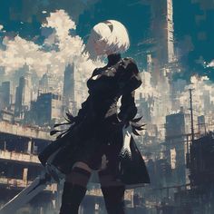 an anime character standing in front of a cityscape with buildings and clouds behind her