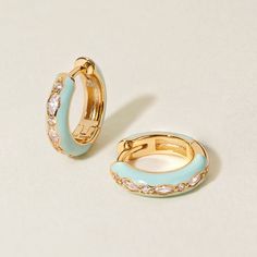 Fresh enamel feels with this pair. Mattus' vintage-inspired design, featuring an alternate marquise cut crystal arrangement, is delicate statement piece for your lobes. Choose from butter, strawberry and mint colored enamel. Created for you with a sterling silver base and utilizing an extra luxurious 14 karat gold plating, these earrings are everything you love about our demi-fine jewelry collection. Mint Earrings, Surf Jewelry, Jewelry Accessories Ideas, Jewelry Lookbook, Demi Fine Jewelry, Jewelry Outfit, Fine Jewelry Collection, Girly Jewelry, Enamel Jewelry