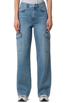 Cargo-style pockets bring a utility-inspired twist to high-waist jeans cut from sturdy nonstretch denim in a lightly faded wash. 30" inseam; 21 1/2" leg opening; 11 1/2" front rise; 14 1/2" back rise (size Medium) Five-pocket style; cargo flap-patch pockets 100% cotton Machine wash, dry flat Made in Turkey Utility Cargo Jeans With Belt Loops In Medium Wash, Utility Jeans In Medium Wash With Belt Loops, Utility Jeans With Medium Wash And Belt Loops, Light Wash Utility Flare Jeans, High Rise Utility Flare Jeans With Belt Loops, Mid-rise Utility Flare Jeans With Belt Loops, Medium Wash Mid-rise Cargo Jeans, Light Wash Mid-rise Utility Flare Jeans, Light Wash Utility Jeans