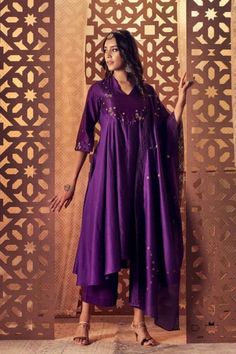 Purple Chanderi Anarkali | Chanderi Silk Kurta Set with Dupatta Luxury Purple Dola Silk Anarkali Set, Luxury Purple Anarkali Set For Navratri, Luxury Purple Traditional Wear For Diwali, Luxury Purple Floor-length Traditional Wear, Luxury Purple Kurta For Diwali, Luxury Purple Churidar For Festive Occasions, Luxury Fitted Purple Anarkali Set, Affordable Purple Traditional Wear For Diwali, Luxury Purple Anarkali Dress