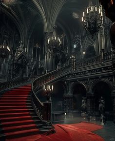 a red carpeted staircase leading up to an ornate building with chandeliers on either side