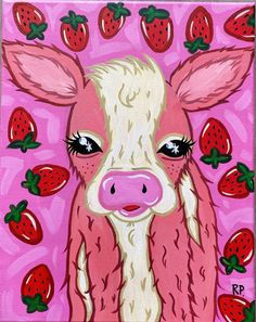 a painting of a pink cow surrounded by strawberries