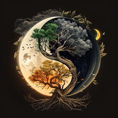 an artistic painting of a tree and moon in the night sky with trees growing out of it