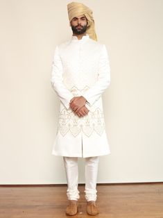 Arjun Kilachand-Ivory Geometric Embroidered Sherwani-INDIASPOPUP.COM Ivory Sherwani, Formals For Men, Western Formals, Wedding Kurta For Men, Embroidered Sherwani, Indian Wedding Outfit, Sherwani For Men, Zari Embroidery, Ivory Fabric