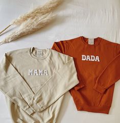 This trendy matching wifey and hubby outfit is perfect for baby reveals/pregnancy announcements, hospital coming home outfits, and photoshoots! This is also perfect for gifting to your friends and loved ones! The letters (patches) and are heat pressed. Our sweatshirts run in a UNISEX fit. The sweaters naturally have a slightly oversized fit giving extra room for moving around and comfort! For this reason, we highly recommend getting your true normal size especially if you like that slight oversi White Crew Neck Top With Custom Name, White Relaxed Fit Sweatshirt For Family Matching, White Family Matching Tops For Loungewear, Matching White Tops For Loungewear, White Matching Loungewear Tops, Personalized White Sweatshirt For Family Matching, Casual Letter Print Sweatshirt For Gender Reveal, Cotton Letter Print Sweatshirt For Gender Reveal, Family Matching Long Sleeve Tops For Gender Reveal