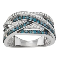 Shimmering with round-cut blue and white diamonds, This sterling silver crossover ring is a distinctively stylish accessory. Shimmering with round-cut blue and white diamonds, This sterling silver crossover ring is a distinctively stylish accessory. Metal: sterling silver Plating: rhodium Width: 4.75 mm Finish: polishedDIAMOND DETAILS Total weight: 1 ct. Color: blue, white Color grade: I Clarity: I2 Shape: round Setting: pave Gemstones may have been treated to enhance their appearance. Special c Blue Diamond Promise Ring With Pave Setting, Mother Ring, Diamond Crossover Ring, Argentium Silver Jewelry, Crossover Diamond Ring, Crossover Ring, Mother Rings, Blue Stone Ring, Luxury Jewellery