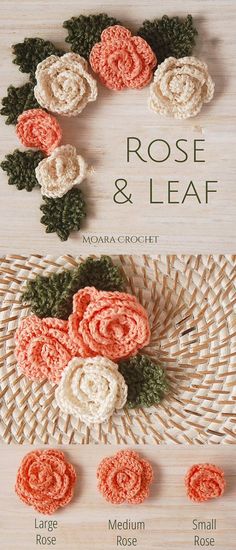 crochet rose and leaf pattern with instructions to make it in the shape of a wreath