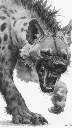 a drawing of a hyena running with its mouth open and it's teeth showing