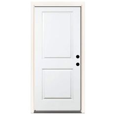 a white door with two black knobs on the front and side panels, against a white background