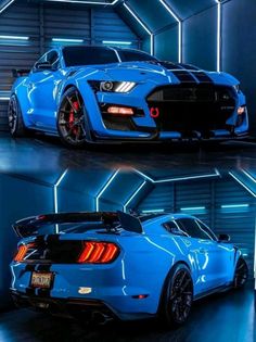 two different views of the rear end of a blue sports car in a dark room