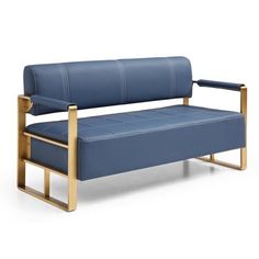 a blue leather bench with gold frame and armrests on an isolated white background