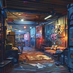 a room filled with lots of furniture and graffiti on the walls