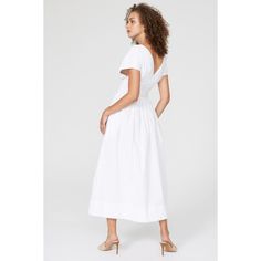 White cotton blend (98% Cotton, 2% Spandex). Lining (100% Cotton). Hourglass. Short sleeves. V-neck. Pull on. 47.5" from shoulder to hemline. Imported. Fitted V-neck Dress For Spring Daywear, Cotton V-neck Dress For Brunch, Fitted V-neck Dress For Summer Daywear, Fitted V-neck Midi Dress For Daywear, Spring Cotton V-neck Dress With Short Sleeves, Fitted V-neck Maxi Dress For Daywear, Casual Fitted V-neck Dress For Daywear, Summer Fitted V-neck Dress For Daywear, Cotton Midi Dress With Smocked Back And Short Sleeves