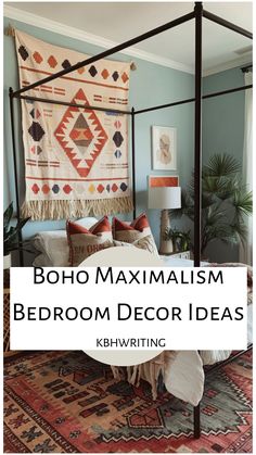 Bohemian bedroom with a canopy bed, patterned textiles, and lush plants.