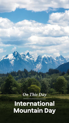 the mountains are covered with snow and clouds in this international mountain day poster, which reads on this day