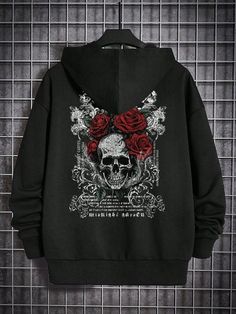 Sleek and Stylish: Men's Casual Skull Floral Print Drop Shoulder Hoodi Floral Halloween, Drop Shoulder Hoodie, Stylish Men Casual, Black Pattern, Stylish Men, Printed Sweatshirts, Men's Casual, Sleeve Type, Hoodie Print