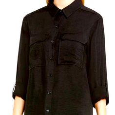 Two By Vince Camuto Women's Two-Pocket Long Sleeve Flowy Rumple Top Black Size M. Cf Button Placket Two Pockets At Cf Chest Shirt Collar Roll Tab Sleeves 29" Cb Length Special Size Type: Standard Our Button Front Blouse With Two Pockets On The Front In Our Flowy Rumple Fabric Black Workwear Tops With Buttoned Pockets, Black Long Sleeve Top With Flap Pockets, Utility Workwear Tops With Side Pockets, Black Workwear Tops With Pockets, Versatile Black Tops With Pockets, Versatile Black Top With Pockets, Black Button-up Tops With Flap Pockets, Utility Workwear Tops With Welt Pockets, Casual Office Tops With Flap Pockets