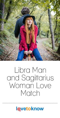 a man riding on the back of a woman in a red jacket and hat with text reading libra man and sagitriarius woman love match